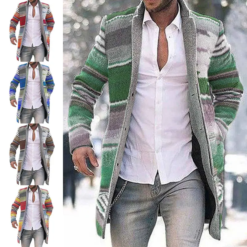 

New Men Casual Open Front Long Jacket Printed Cardigan Top Overcoat Winter Warm Outwear Striped Fashion Coat Parkas Male Clothes