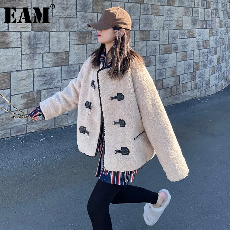 

[EAM] Loose Fit Lambswool Big Size Warm Woolen Coat Parkas New Long Sleeve Women Fashion Tide Autumn Winter 2022 1DE4427