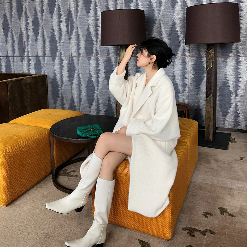 

Autumn Winter White Furry Mid-Length Woolen Jackets For Women 2021 New Korean Fashion Loose Drape Woolen Cloth Coat Female A991