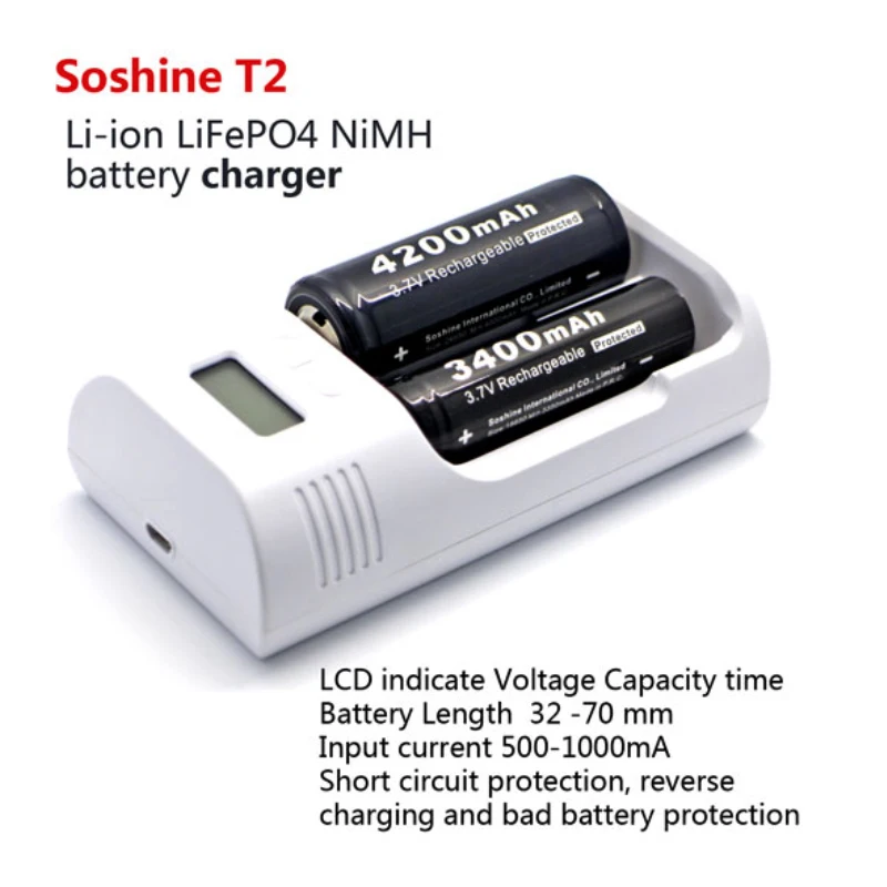 Зарядное устройство Soshine T2 LCD Li-Ion Ni-MH LiFePO4 US/EU для 26650 18650 14500 16340 C AA | Электроника