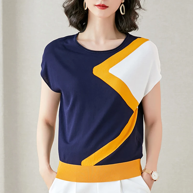 

Thin Women Knitted T Shirt 2022 Summer O-Neck Hit Color Batwing Sleeve Tshirt Woman clothes Tee Shirt korean Style Poleras Mujer