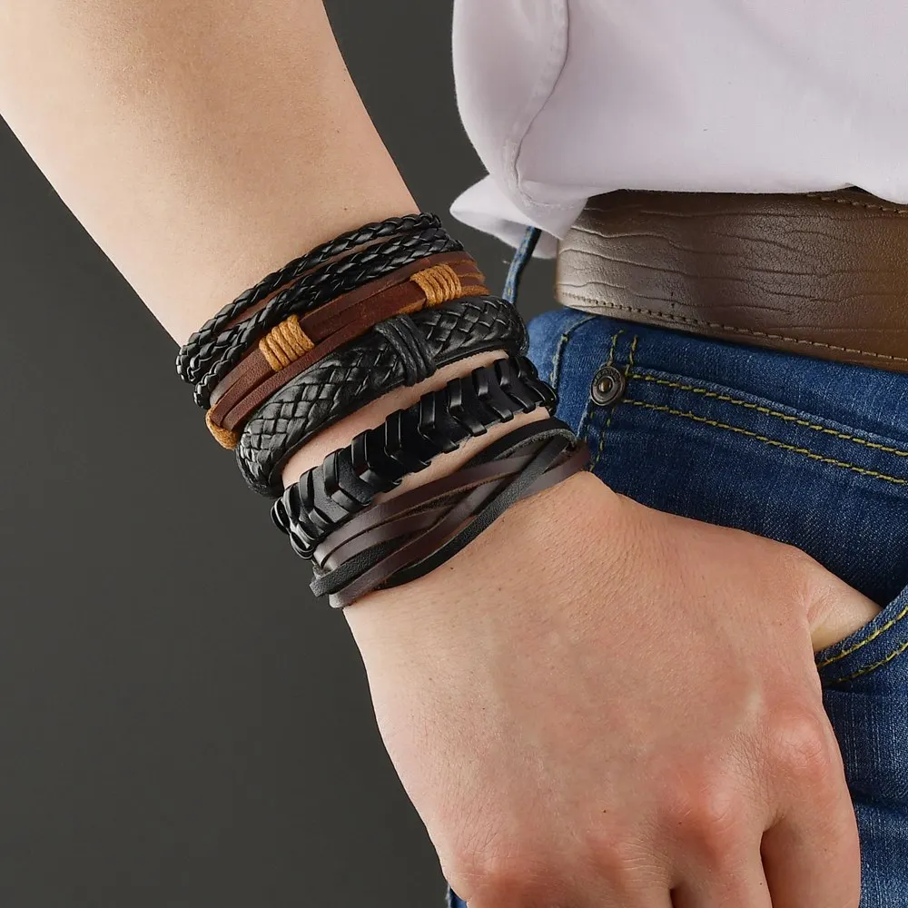 Мужской браслет в стиле бохо винтажный регулируемый кожаный Женская веревочная