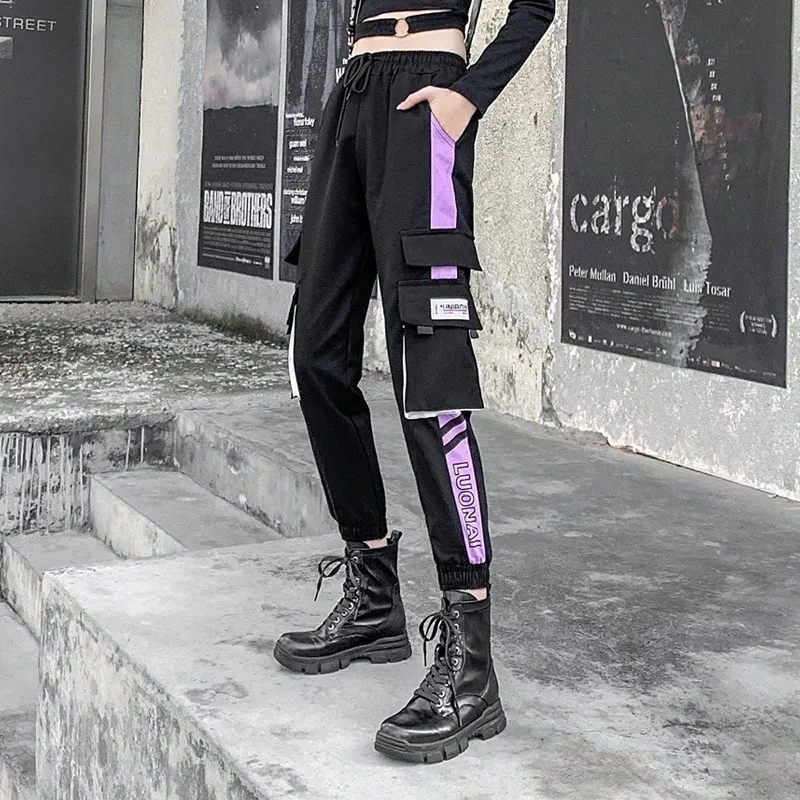 

Women Fashion Loose Cargo Pants Female Casual Big Pocket Streetwear Trousers Ladies Elastic Waist Ankle-length Jogger Pants