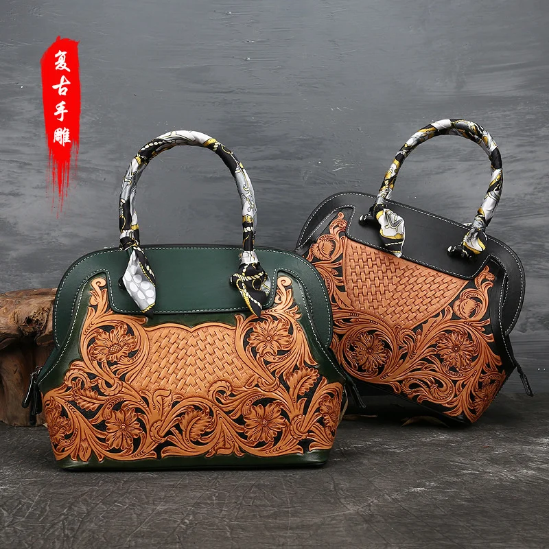 

Leather carving women's handbag genuine leather women's Dumpling bag embossed one shoulder slant across bag women