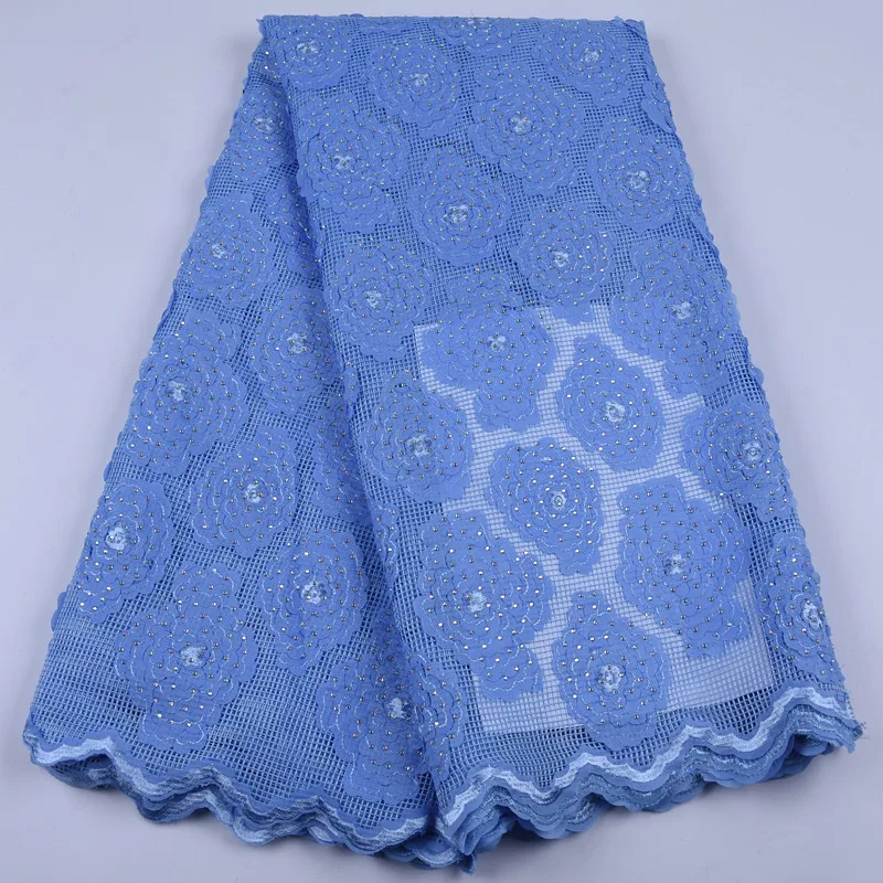 Синяя африканская кружевная ткань 3 D французское Сетчатое кружево Стразы и цветы
