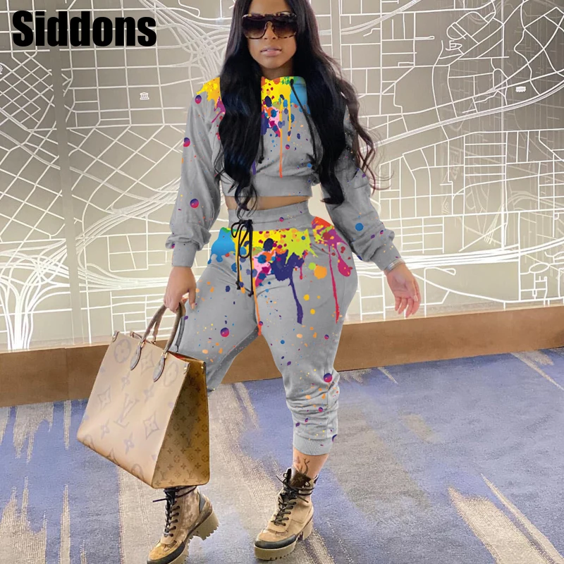 

2 Piece Set Women Sweatsuits for Women Fall Clothes Tracksuit Splash Ink Hooded Top Sport Pants Outfit Wholesale Dropshipping