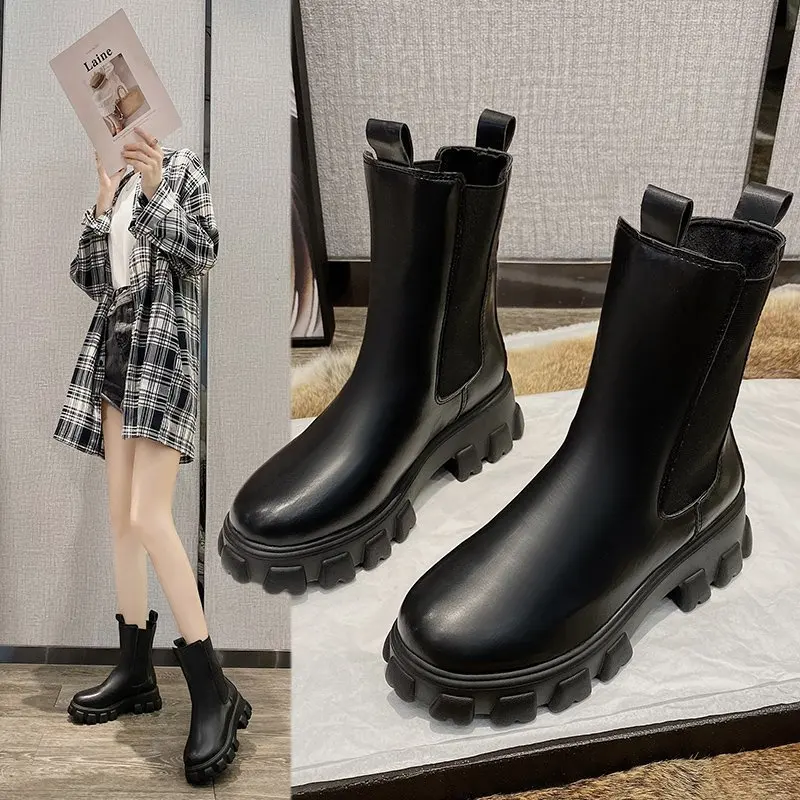 

Женские ботинки с круглым носком, черные ботинки челси из искусственной кожи, до середины икры, на плоской подошве, для осени и зимы, 2021