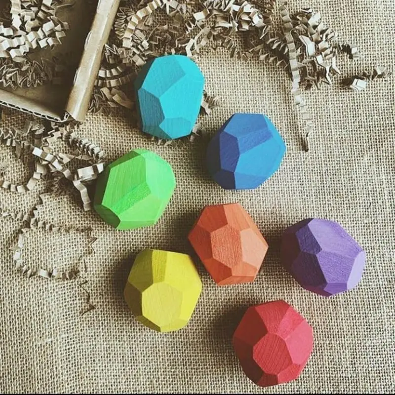 

10 Pcs Children Wooden Colored Stone Stacking Game Building Block Education Toy J2HD