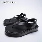 Сандалии LMCAVASUN женские на плоской подошве, кожаные модные шлепанцы, шнуровка, толстая подошва, ремешок на щиколотке, черные, летняя обувь