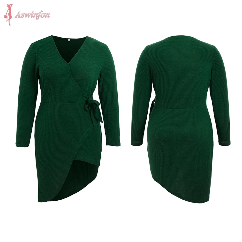 Женское трикотажное платье Aswinfon осеннее с V образным вырезом и длинным рукавом