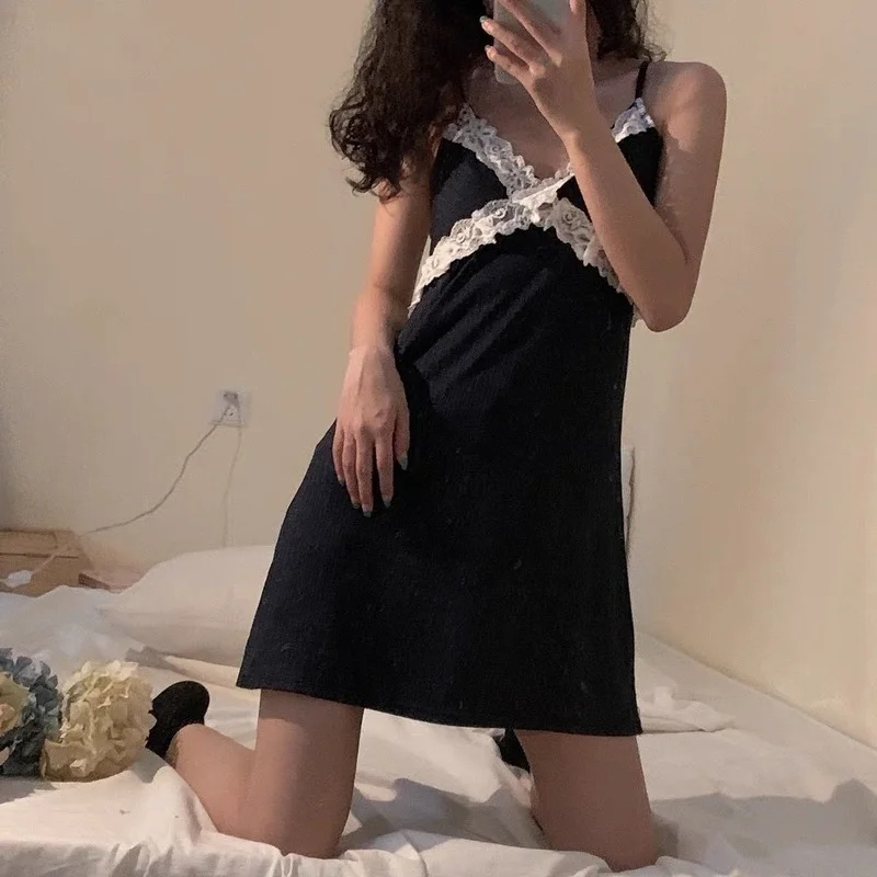 

Summer Sexy Nightwear Woman Solid Color Lace Flower Cross Ice Silk Pajamas V-neck Sling Thin Nightdress Women Nightgown