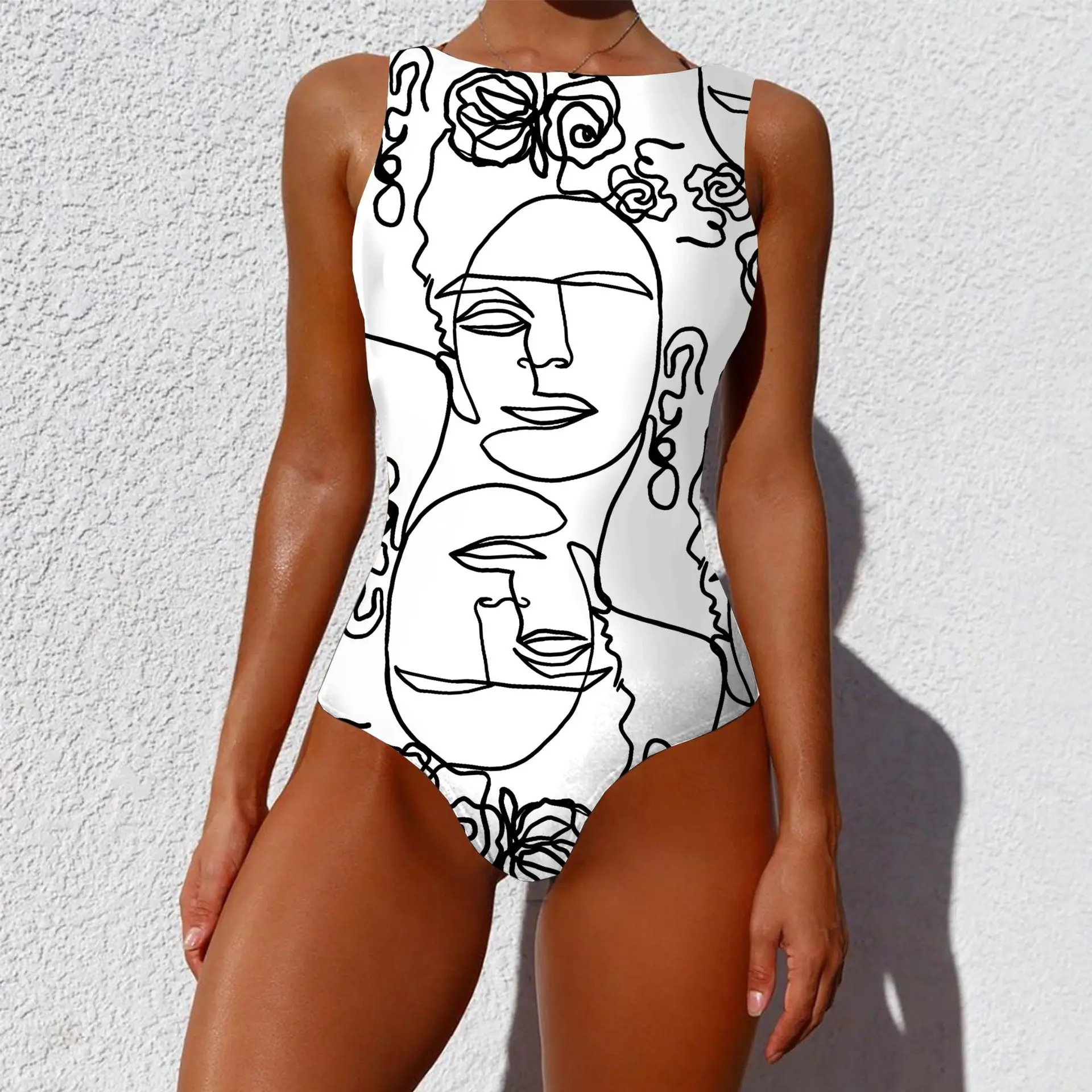 

2021 One-Piece Bikini Personality Abstract Printing Swimsuit Women Sleeveless Swimming Clothing Sexy Women's Bath Outlet