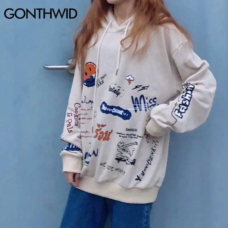 GONTHWID Harajuku пуловер с принтом граффити тонкие толстовки капюшоном уличная