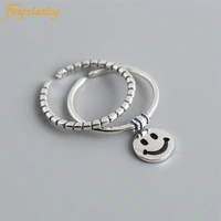 2021 new 2 pcs 925 sterling silver happy smiling face pendant thin ring for women retro adjustable ring fashion jewelry gift