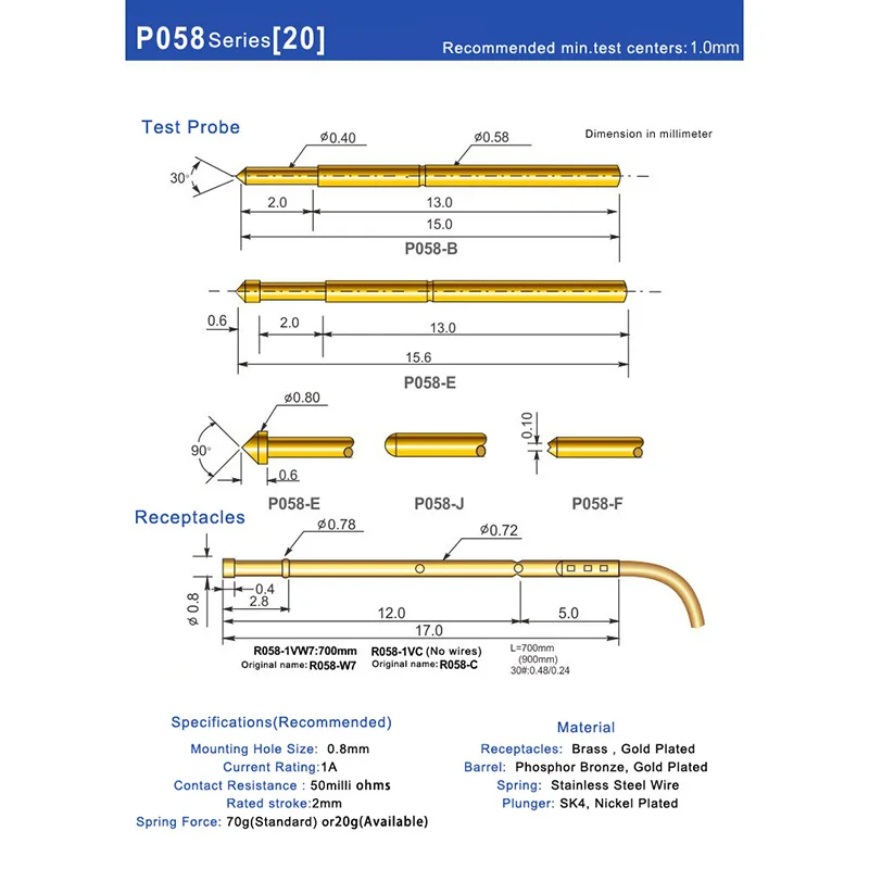 

200PCS R058-2W7 Test Needle Sleeve Outer Diameter 0.72mm, Wire Length 700mm Needle Seat