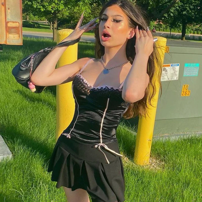 

Топ женский на бретелях-спагетти без рукавов, уличная одежда, пикантный укороченный вечерние п в стиле Харадзюку, Y2K, черный, на лето