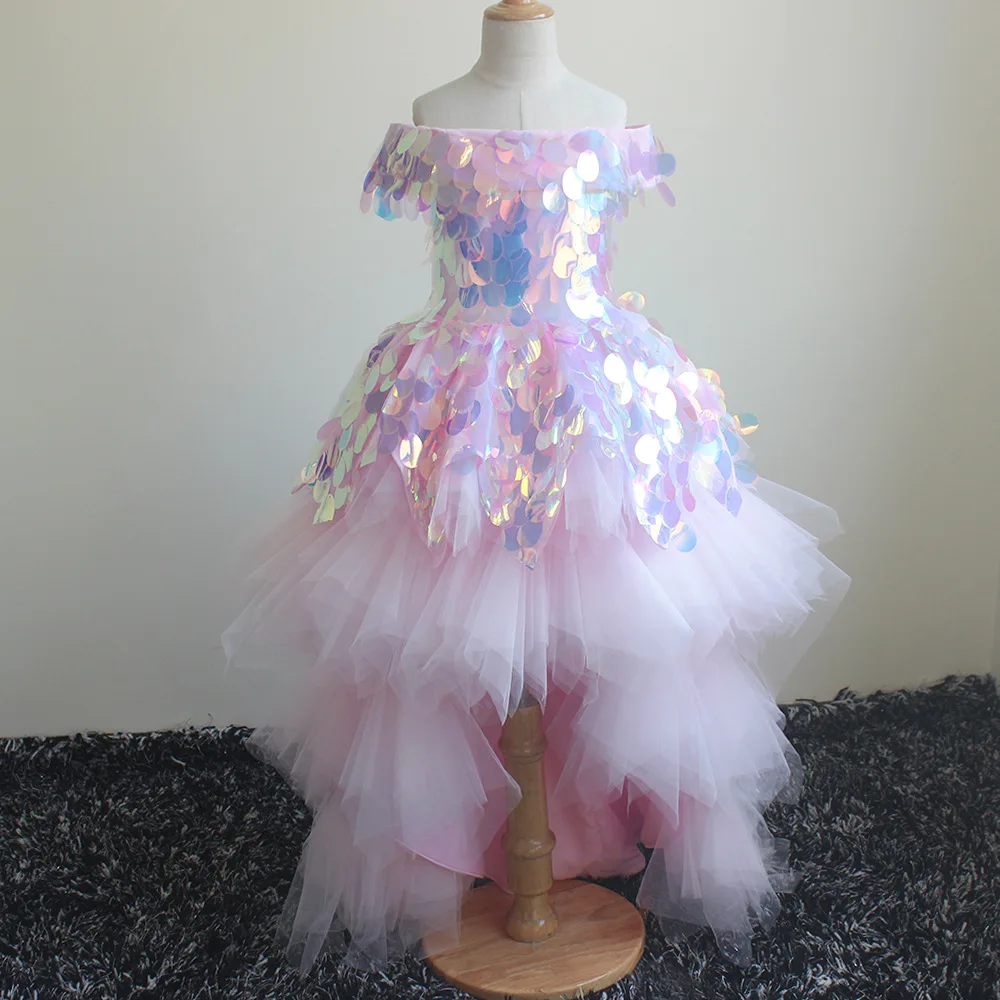 

High Low Tiered Tulle Girl Pageant Sequined Dresses Long Layered Flower Girls Bling Dress Blush Pink Ruffles Kids Birthday Gowns