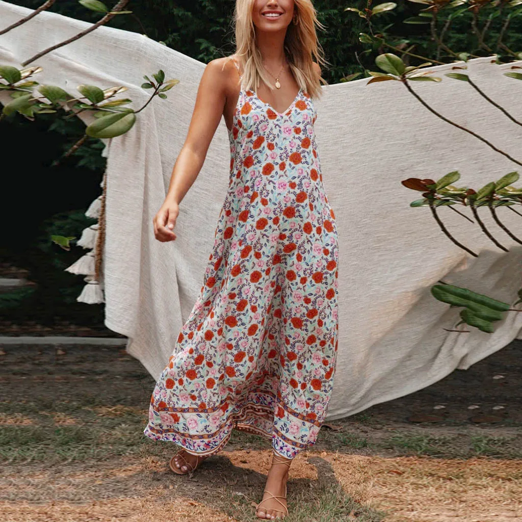 Женское богемное Платье макси с цветочным принтом летнее пляжное длинное платье