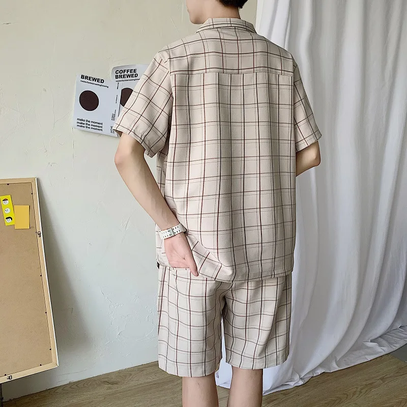 

Men Sets Outfit Summer Plaid Male Outwear Simple Oversize 2XL Short Sleeve Shorts Korean Fashion Hot Selling Mens Clothes