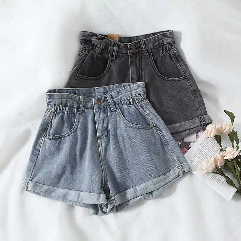 

New summer high waist denim casual female shorts loose fashion size waist long leg short female jeans