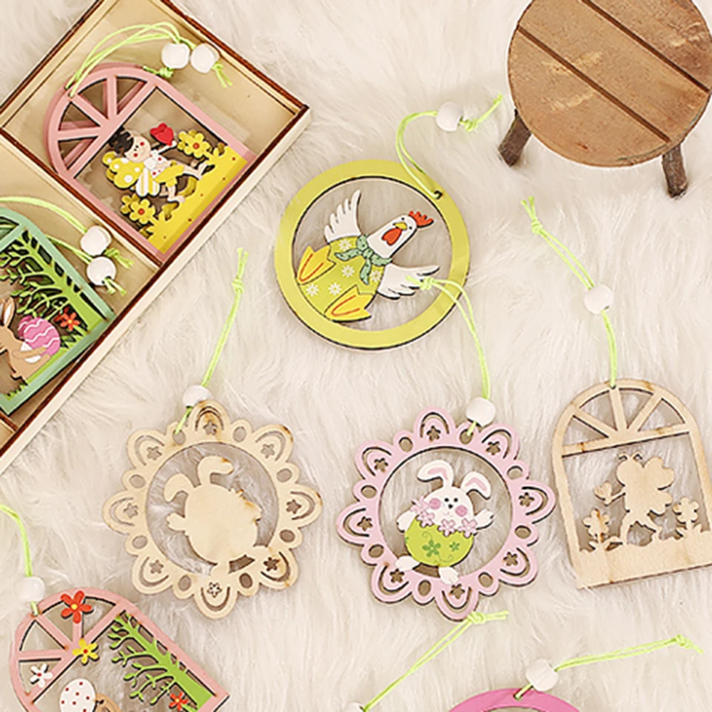 

6pcs Cartoon Animal Egg Bunny Party Decorations Creative DIY Mini Wood Pendant Set Easter Supplies Hanging Ornament for Kids Toy