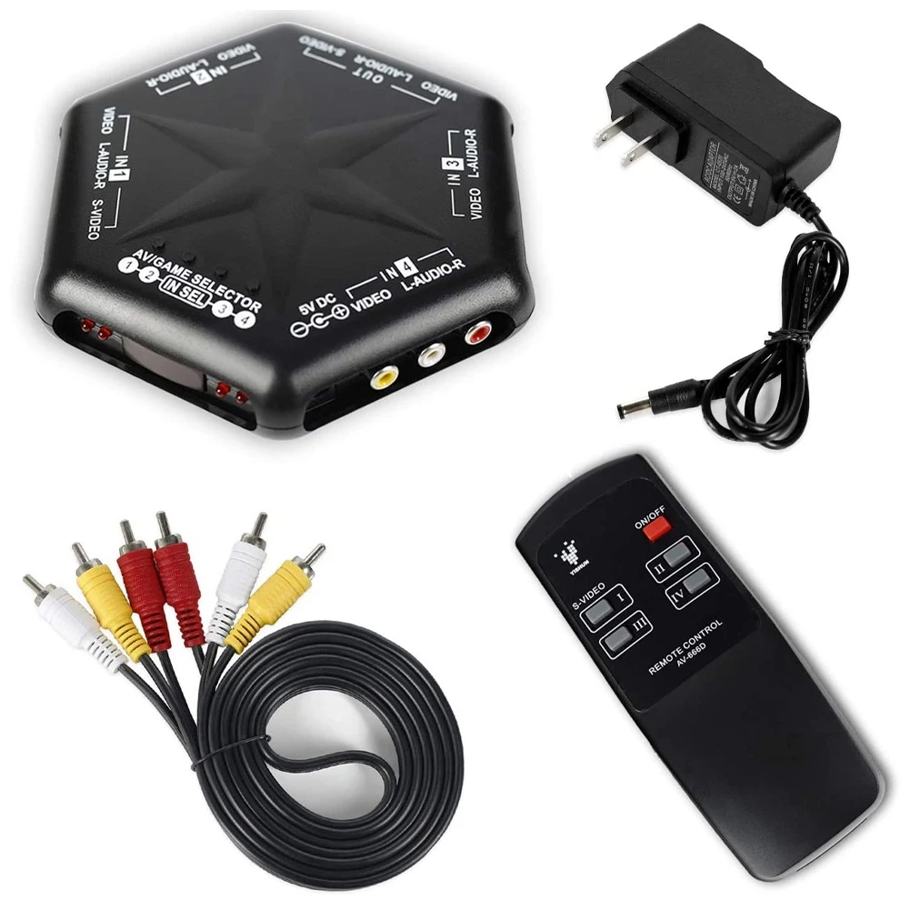 

4 Ways 4 Ports in 1 Out S-Video Game AV Switch Box Selector Splitter Switcher Converter with Remote Control US Plug