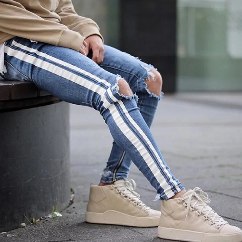 

Fashion Men's Knee Hole Jeans Autumn New Sports Slim Men's Pencil Pants Patchwork Blue Skinny Jeans Men Plus Size Denim Jeans