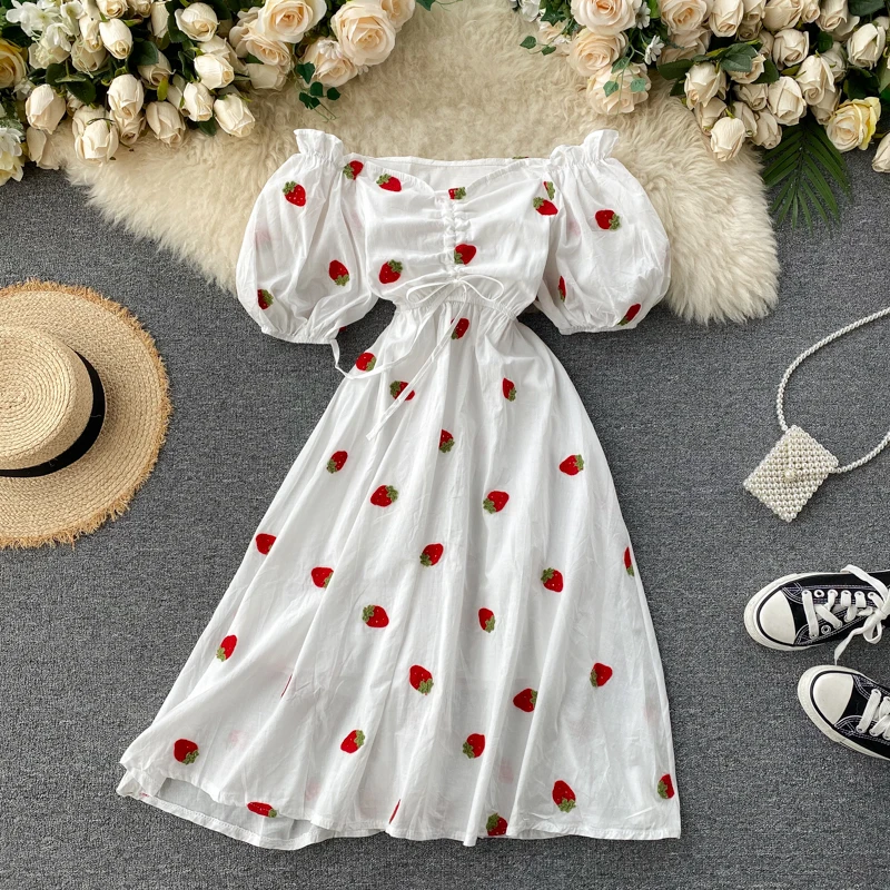 

Strawberry Dress Cherry Kawaii Embroidery Puff Sleeve Dress Women Vintage White Square Neck Beach Dresses 2021 Korean Clothes