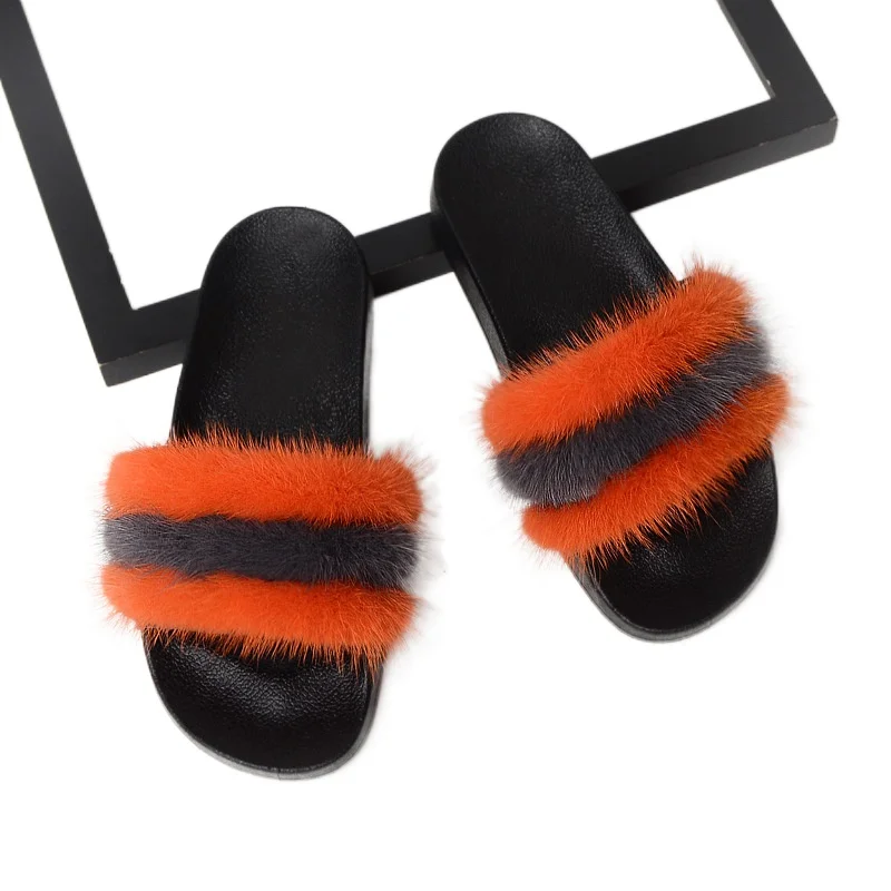 

2021 New Fashion Ladies Natural Mink Fur Slipper Slides Women Shoes