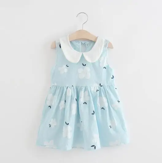 Light Blue Одежда для девочек; летние детские Платья с цветочным рисунком; хлопковый жилет с воротником «Питер Пэн»; платье трапециевидной формы без рукавов - Цвет: Light Blue
