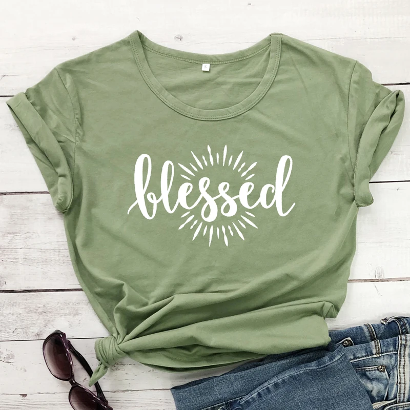 

Casual Tshirt Cotton Girl Tops Blessed Letter Print Women Shirts Christian See The Light T-shirt Aesthetic Jesus Faith