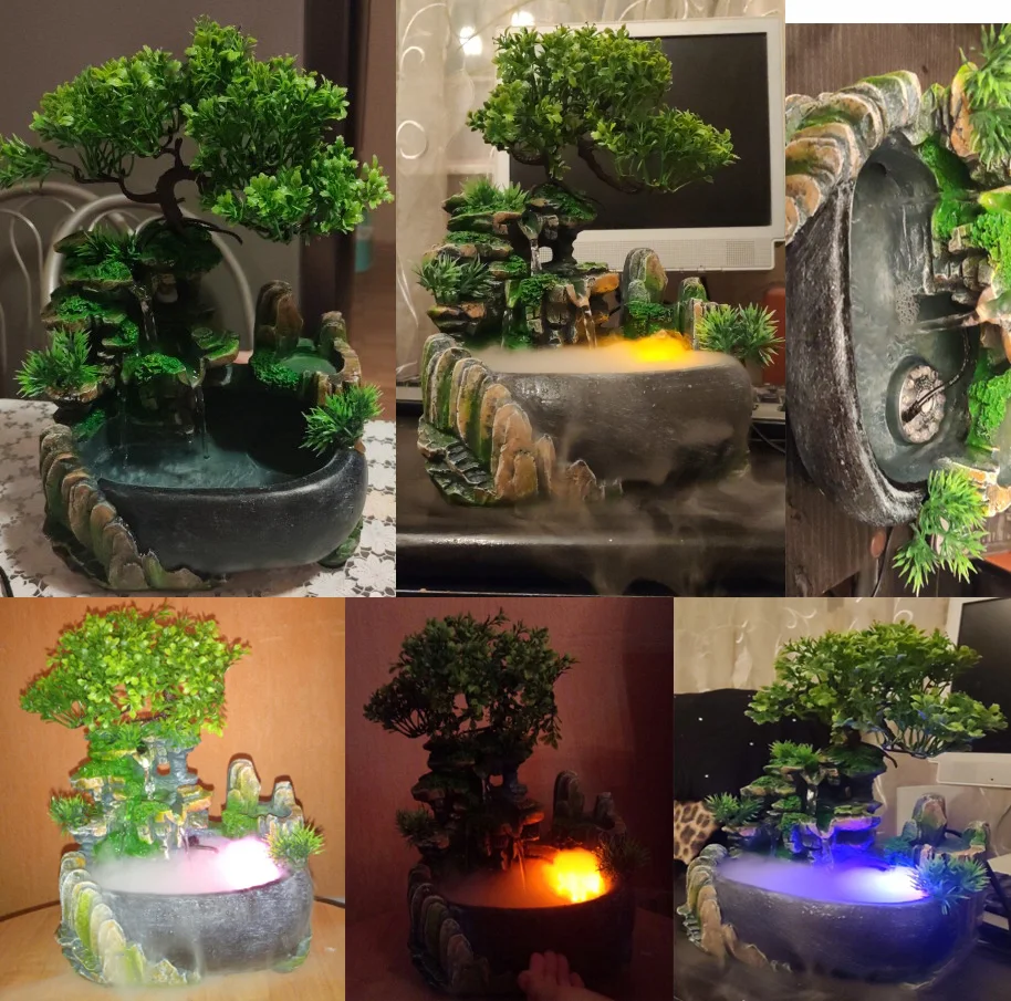 110-240V Creative Home Decoration Resin Rockery Waterscape Feng Shui Water Fountain Air Spray Green Plant Flowerpot Fish Tank | Бытовая
