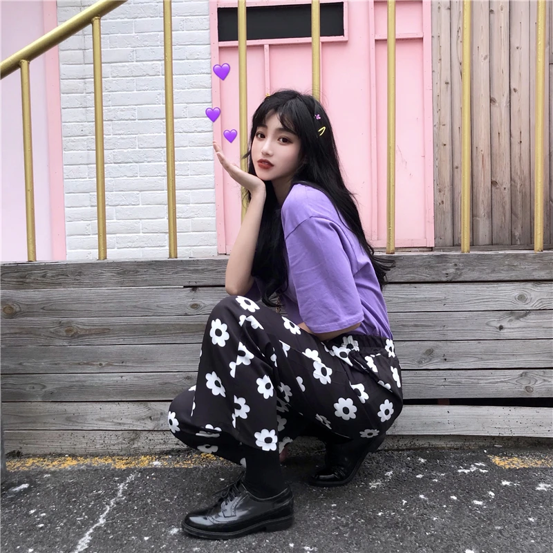 Корейские женские прямые брюки с завышенной талией и цветочным принтом ромашки В
