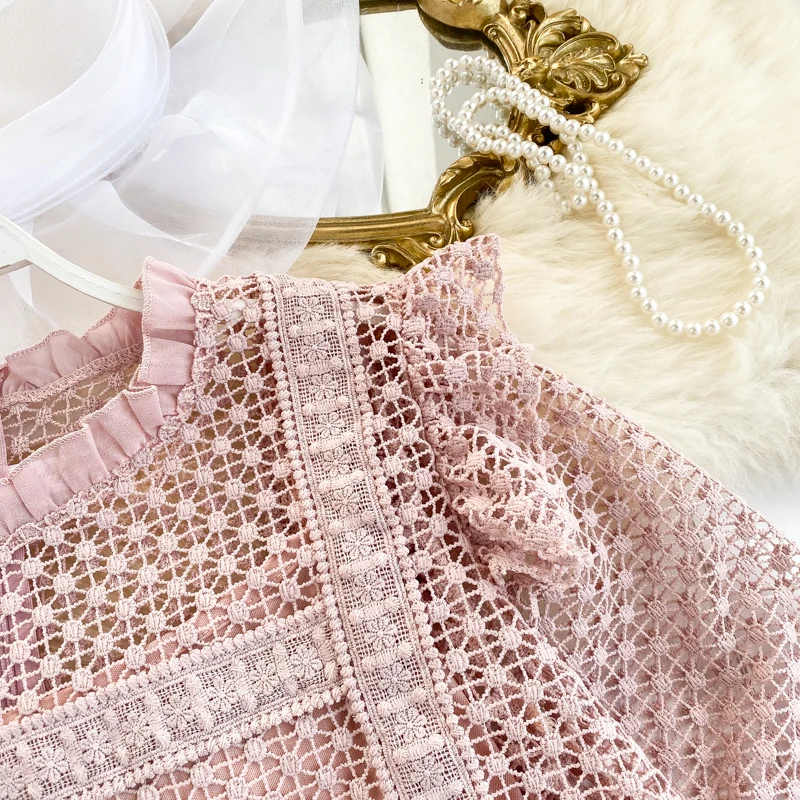 

2020 spring autumn new Chic O- neck puff sleeve ruffles lace shirts hollow out blouses women's elegant shirt two piece set tops