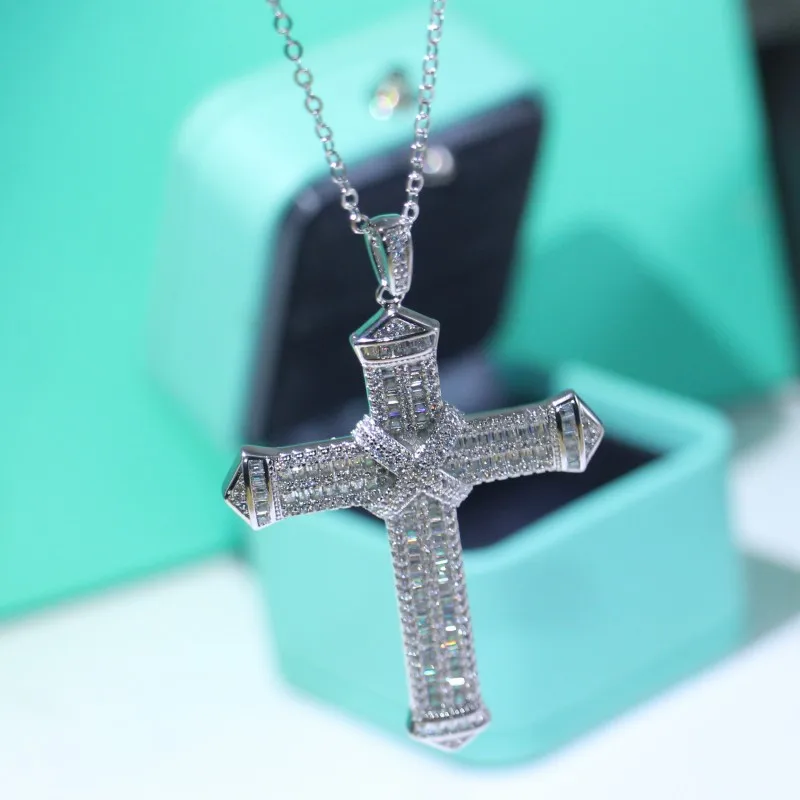 Hot Sell Sparkling Luxury Jewelry 925 Sterling Silver Full White Clear 5A Cubic Zircon Cross Pendat Women Bridal Necklace gIFT | Украшения