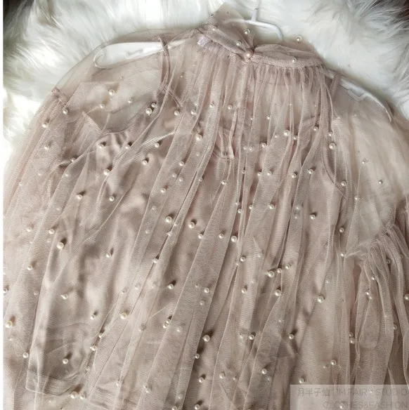 

Spring and Autumn Boutique Women Bubble Sleeve Pearl Beads Shirt Two Piece Set Ladies Perspective Gauze Blouse Sweet Tops