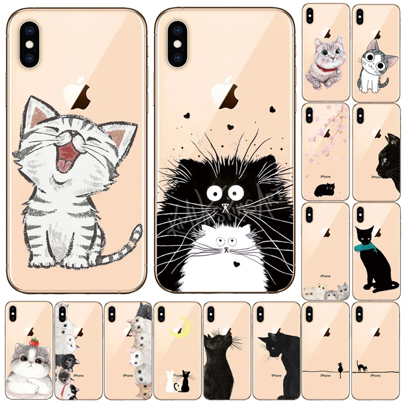 Cartoon Phone Case For iPhone 11 Pro X XS Max XR Cute Cat Cover 5 5S SE 8 7 6 6S Plus Soft Silicone Transparent | Мобильные телефоны
