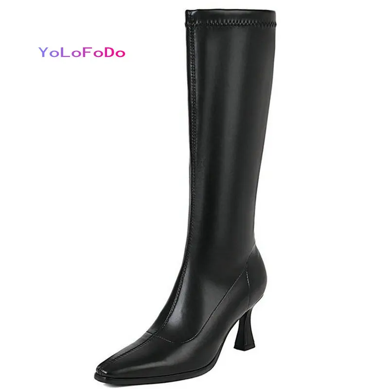 

Black Beige Women Knee High Boots PU Leather Thin High Heel Square Toe Women's Boots Zipper Autumn Winter Ladies Calf Boots 2021