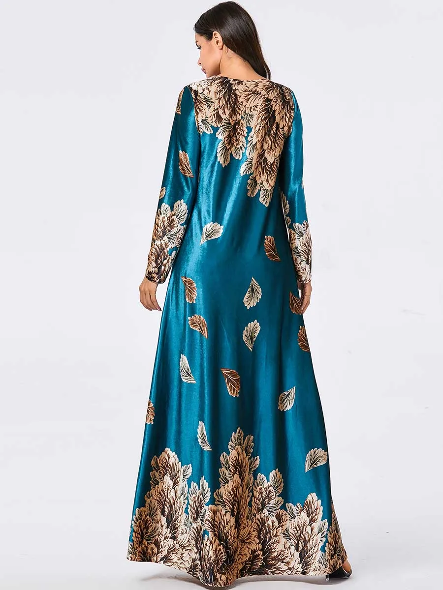 BNSQ Velvet Gold Thread Print Long Dress Blue Leaves Positioning Flower Round Neck Sleeve Mopping Dresses Vintage Girls | Тематическая