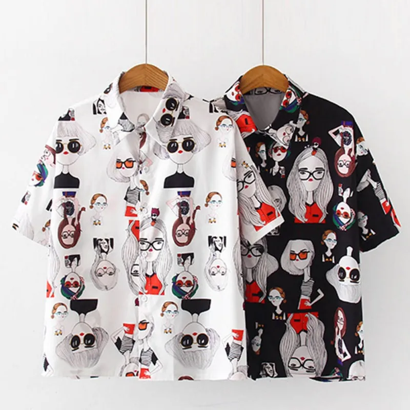 

2020 Summer Women Casual Retro Summer Cartoon Print Slim Short Sleeve Lapel Single Buckle Casual Blouse!