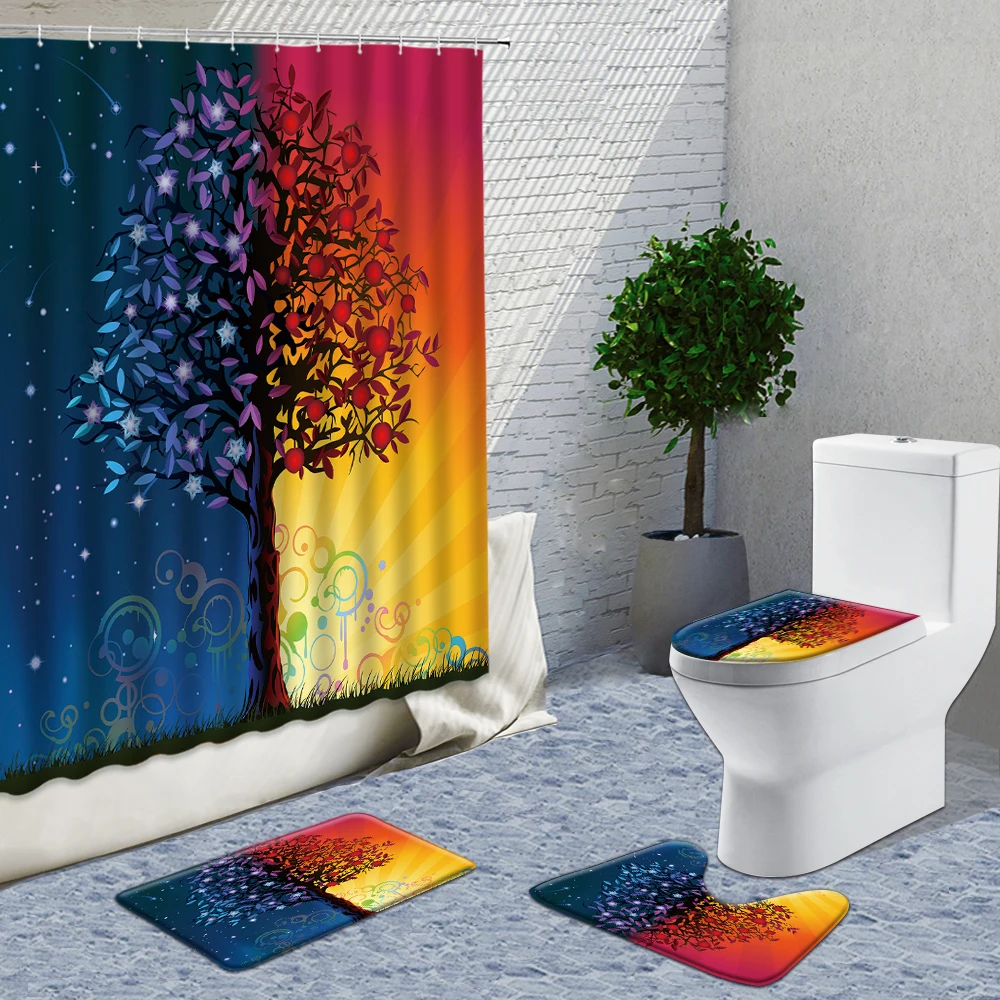 

Colorful Plant Trees Scenic 3D Shower Curtain 4pcs Bathroom Curtain Frabic Set Of Rugs Toilet Cover Bath Decor Things For Home