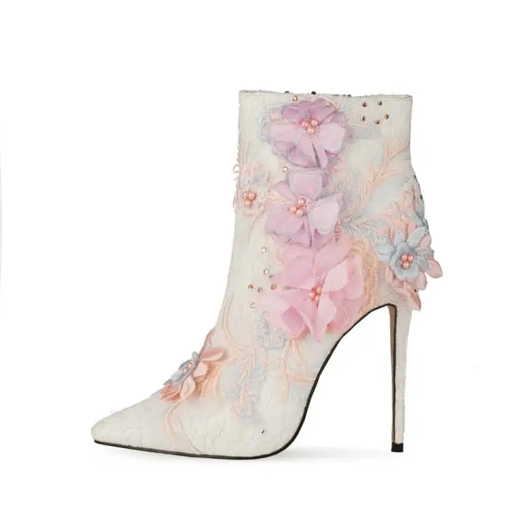 

Lace Wedding Women Shoes Diamond Pearl Bling Flower Suede Fashion Boots Thin Stiletto High Heels Pointed Toe Ankle Zipper Boots