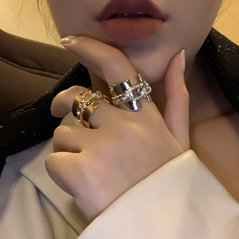 

Boonee Original Design Rhinestone-Encrusted Chain Wide Metal Ring Personality Fashion Ins Index Finger Ring Female Fashion