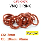 Уплотнительное кольцо VMQ 50 шт., уплотнительная прокладка из силикона и резины, толщина CS 3 мм, OD 10  70 мм, Изолированная, водонепроницаемая шайба круглой формы, Нетоксичная, красная