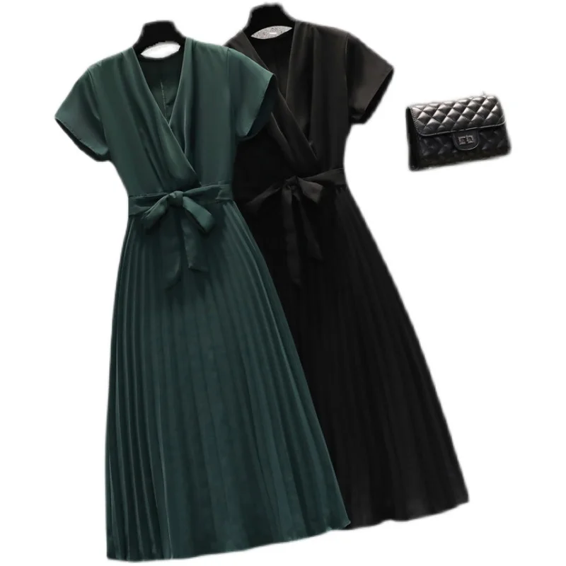 

Plus size women Summer elegant retro dress women deep v neck lace-up waist solid pleated dresses office ladies slimming vestidos