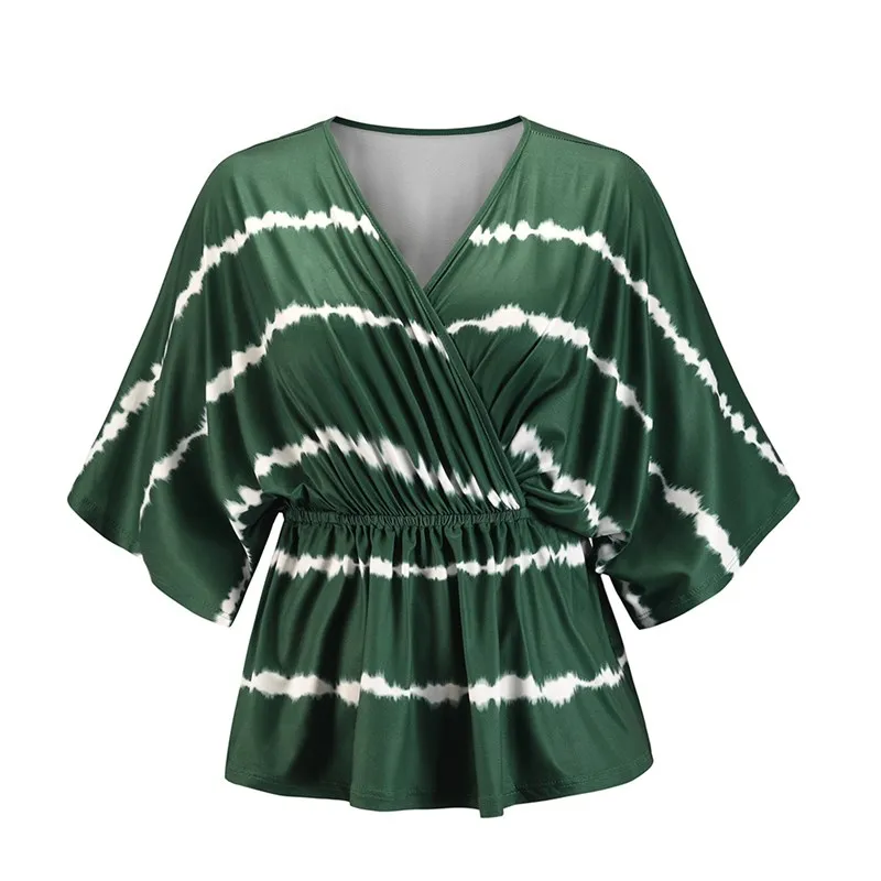 

Women Summer Fashion V-Neck Striped Half Sleeve T-Shirt Female Loose Batwing Sleeve Oversize Tees Ladies Elegant New Tops ML234