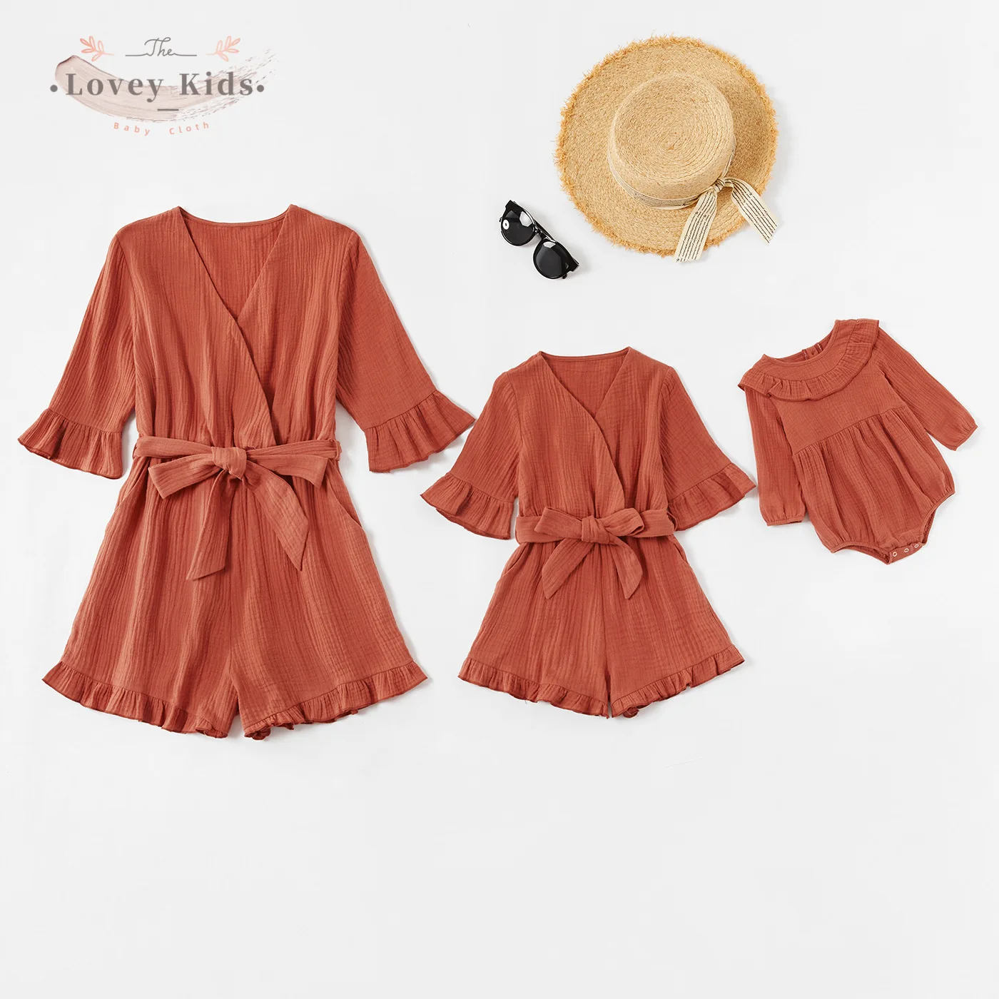 

2021 Spring Family Matching Romper Playsuit One Piece Mother Daughter Set Kids Baby Girl's Bandage Ruffle Solid Bodysuit