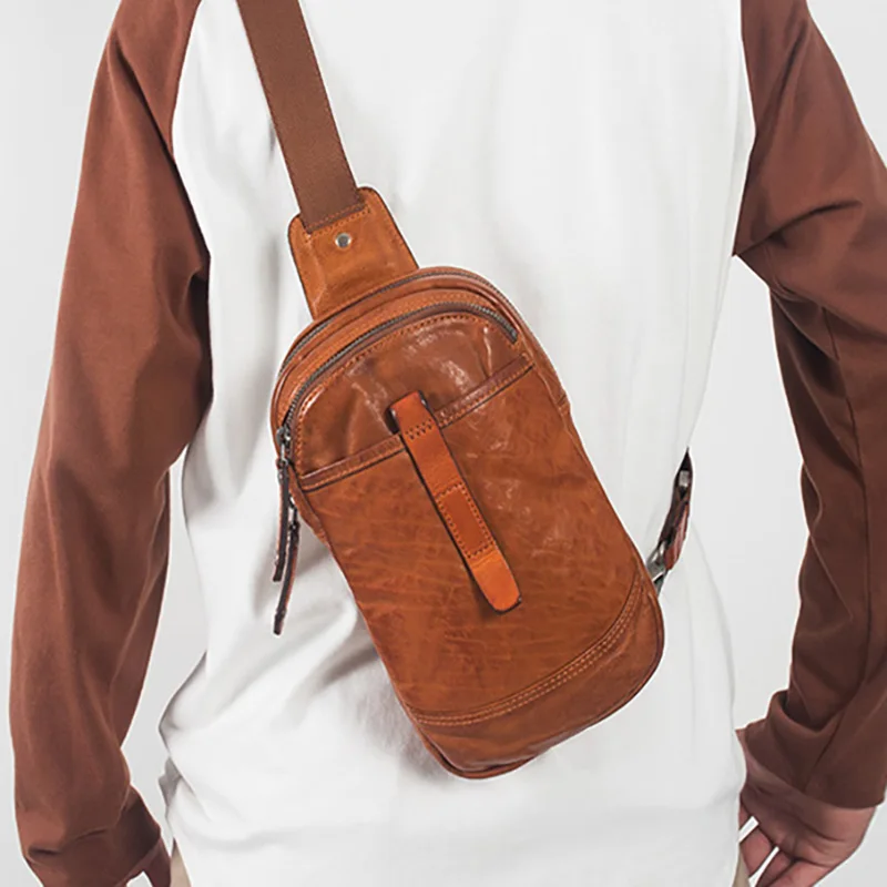 Кожаная нагрудная сумка AETOO Мужская Ретро из воловьей кожи с растительным