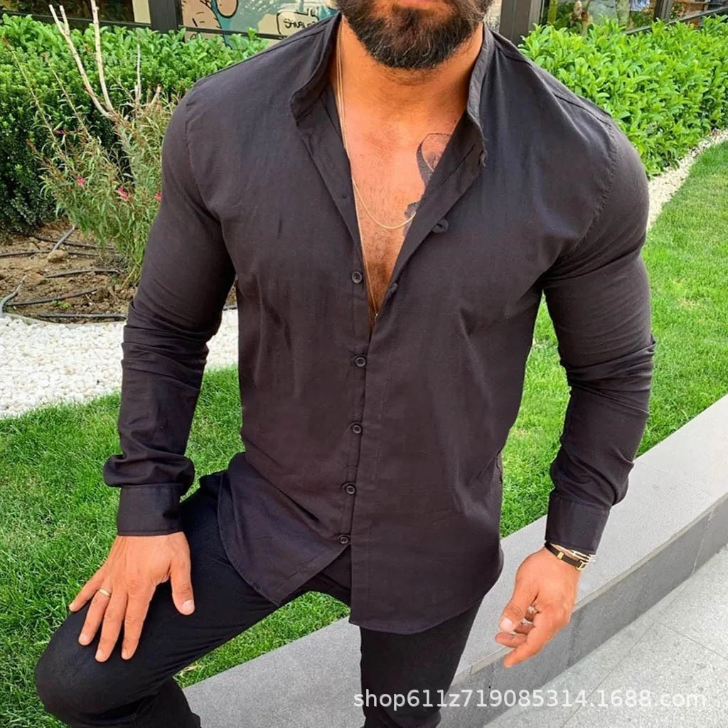 

Autumn New Men's Shirt Fashion Cotton Linen Solid Color Youth Slim Stand Collar Long Sleeve Casual Shirt Plus Size Men Clothing