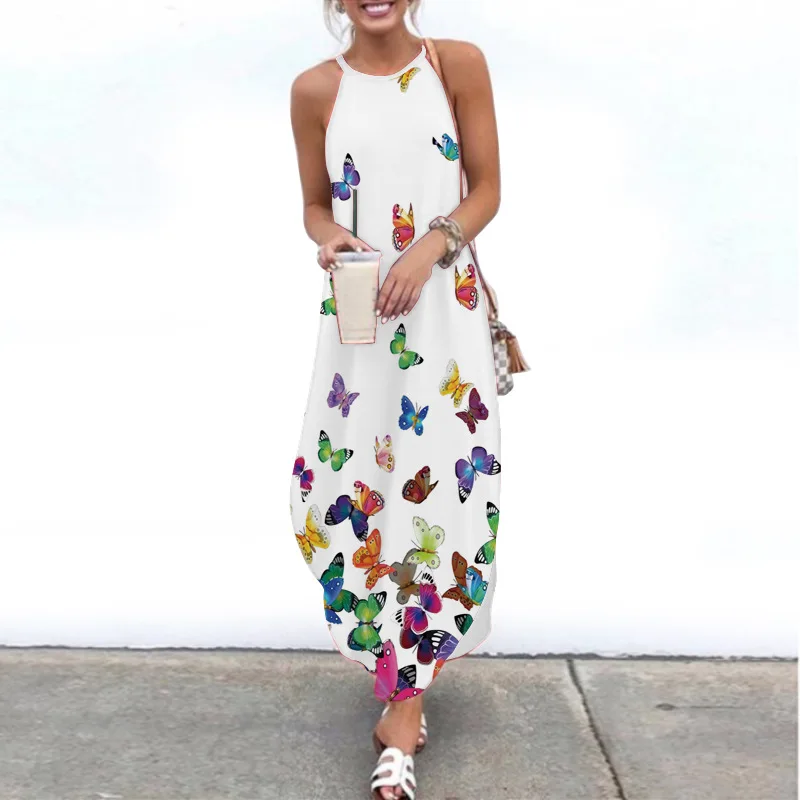 

2021 new women's printed loose long skirt Amazon tank top dress sexy suspender skirt